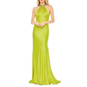 Mac Duggal 68063 Beaded Halter Neck Satin Mermaid Gown in Lime Size 12 NWT